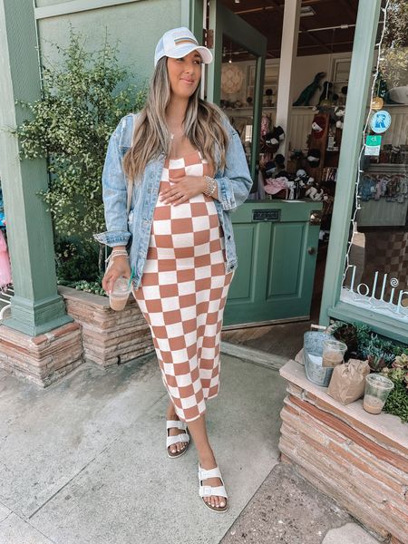 Summer outfit, summer dress, maternity outfit. Checkered midi dress - tts L, size down if in between (super stretchy). Birkenstocks - tts 9. 

#LTKcurves #LTKbump #LTKFind