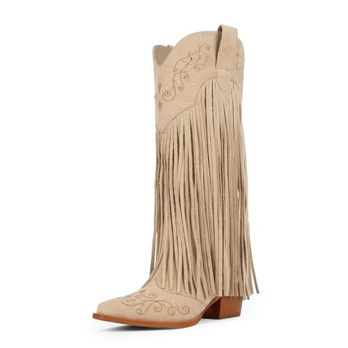 Modatope Suede Beige Knee High Cowboy Boots Women Embroidered Cowgirl Boots for Women Fringe Knee High Boots Size 7.5 | Amazon (US)