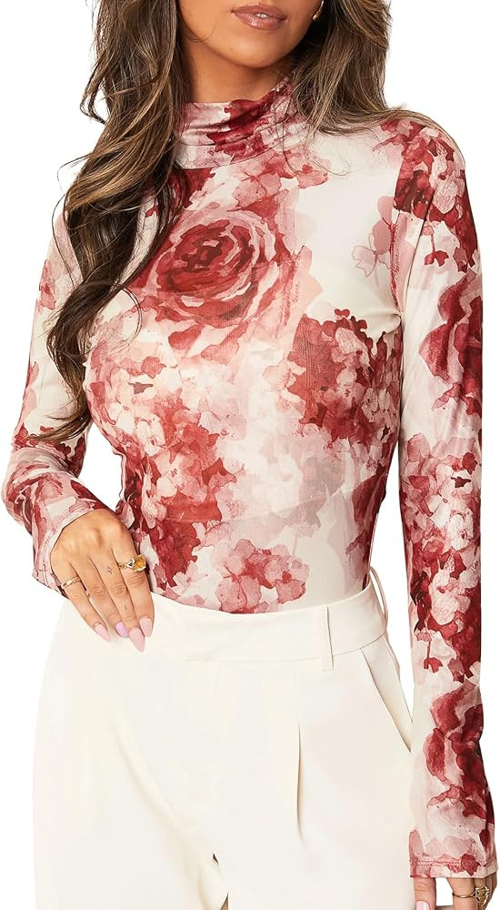 Darong Womens Long Sleeve Mesh Top See Through Mock Neck Sheer Blouses | Amazon (US)