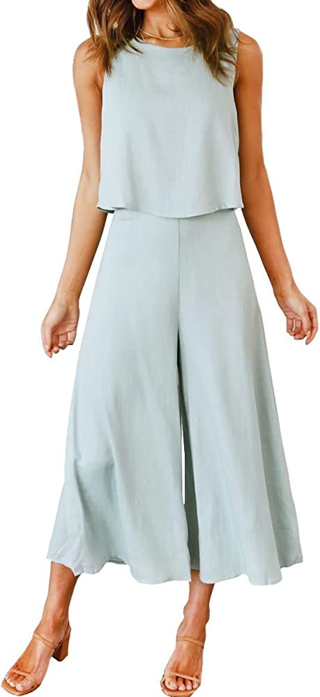 ROYLAMP Women's Summer 2 Piece Outfits Round Neck Crop Basic Top Cropped Wide Leg Pants Set Jumps... | Amazon (US)