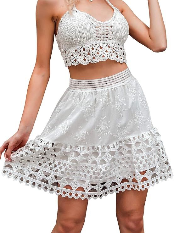 Miessial Women's High Waist A Line Mini Skirt Pleated Ruffle Cute Beach Short Skirt | Amazon (US)