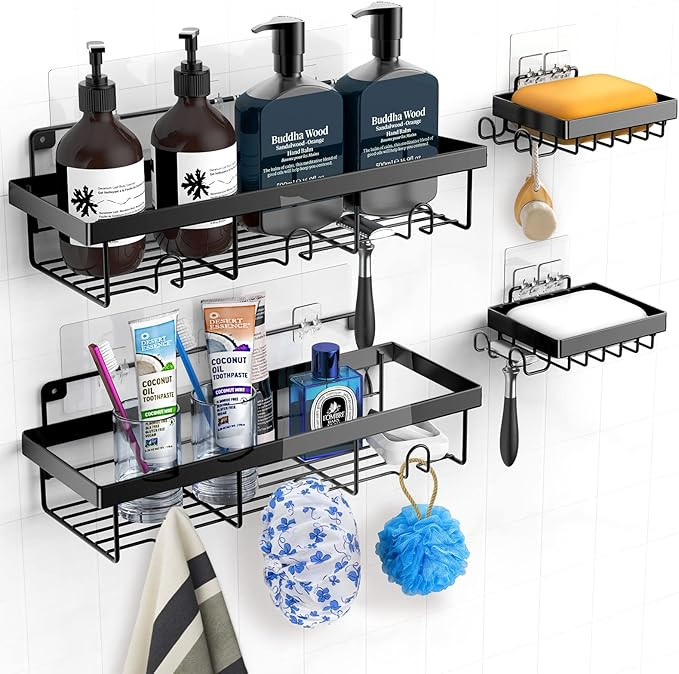 EXQLIFE Shower Caddy Shelf with Hooks Storage Rack Organizer ，Can be wall-mounted without holes... | Amazon (US)