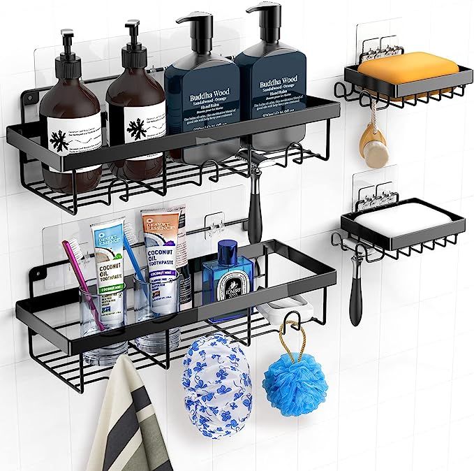 EXQLIFE Shower Caddy Shelf with Hooks Storage Rack Organizer ，Can be wall-mounted without holes... | Amazon (US)