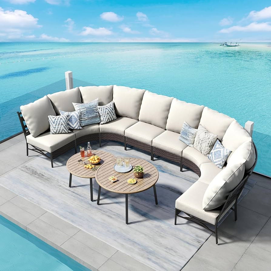 PHI VILLA Outdoor Patio Furniture Set 10 Piece, Half-Moon Sectional Patio Conversation Sets for 8... | Amazon (US)