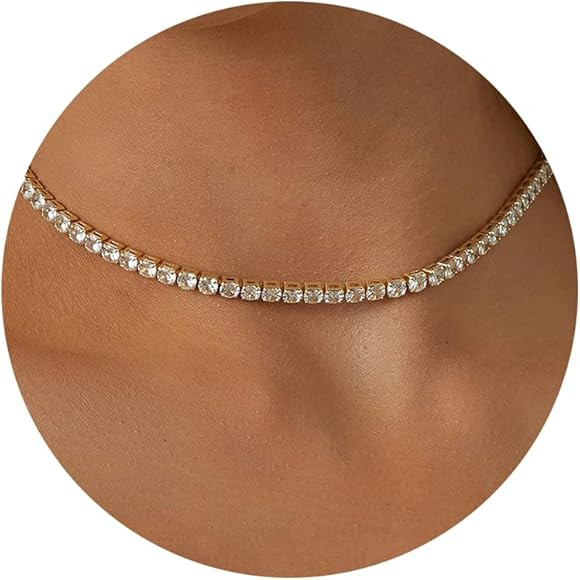 Tewiky Tennis Necklace 14K Gold Plated/Silver Sparking Rhinestone Choker Necklaces Dainty Crystal... | Amazon (US)