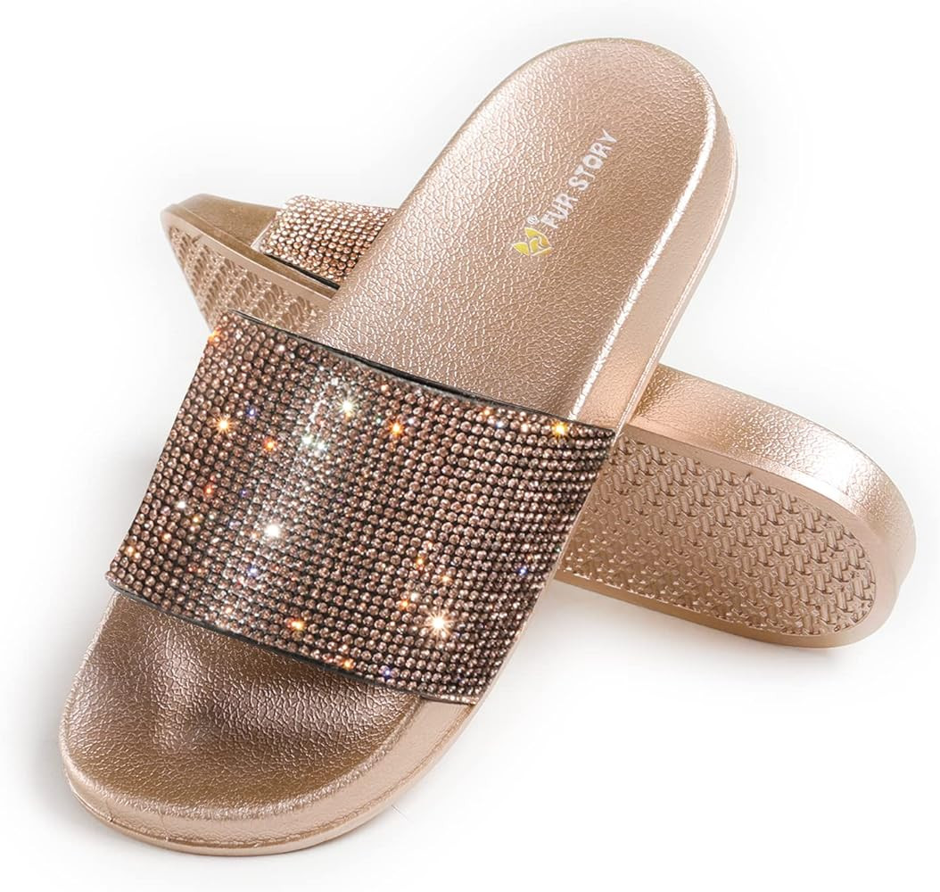 Fur Story Womens Slides House Slippers Rhinestone Glitter Slides Cozy Bedroom Slippers Shower Shoes  | Amazon (US)