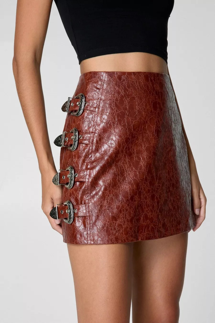 Distressed Faux Leather Buckle Detail Skirt | Nasty Gal US