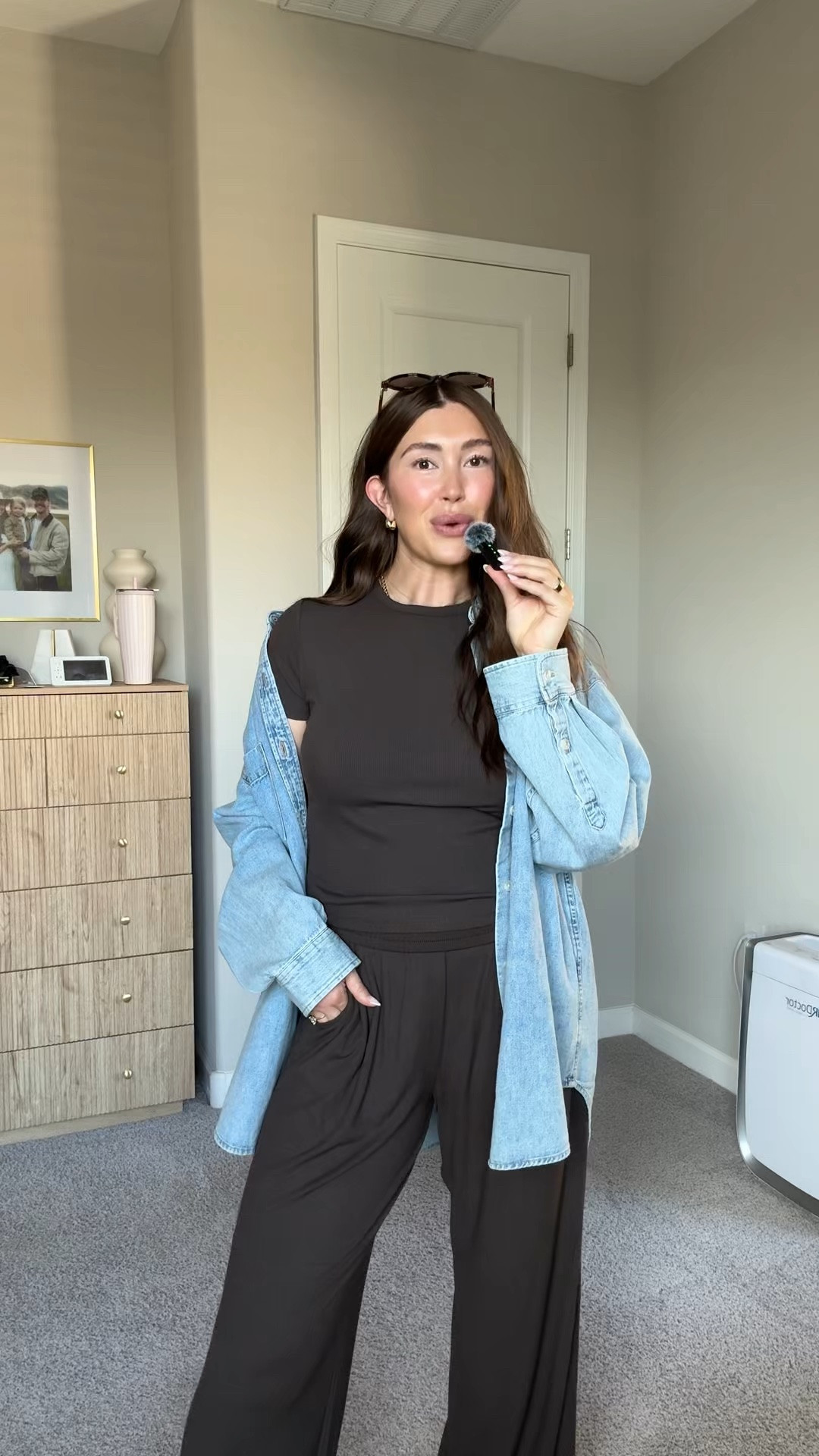 I went up one size in denim top but has a natural oversized fit.