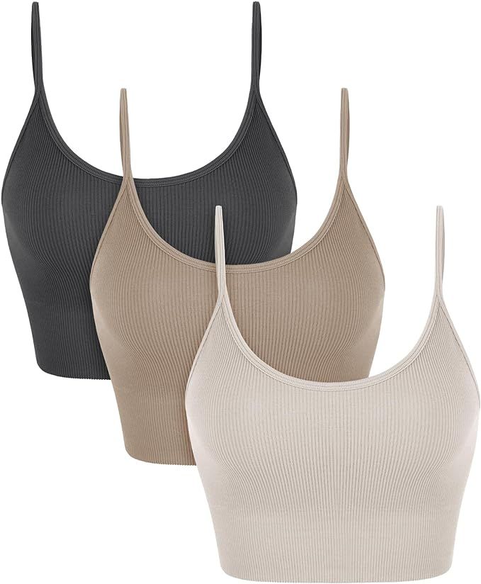 ODODOS 3-Pack Seamless Sports Bra for Women Ribbed Camisoles Non Padding Yoga Bra Crop Tank Tops | Amazon (US)