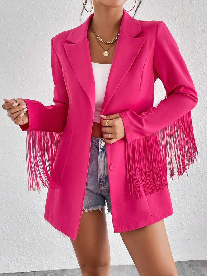 SHEIN Unity Lapel Neck Fringe Trim Single Breasted Blazer | SHEIN