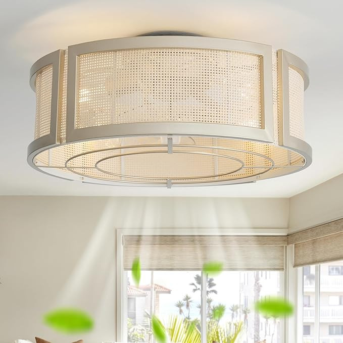 20" Boho Ceiling Fans with Lights, Rattan Flush Mount Ceiling Fan with Light Remote Control with ... | Amazon (US)