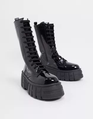 ASOS DESIGN Athens 2 chunky high lace up boots in black patent | ASOS (Global)