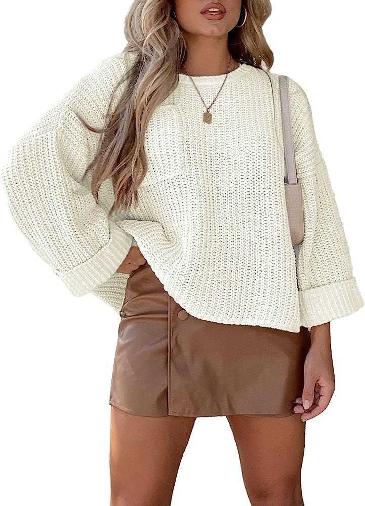 KIRUNDO 2023 Women's Fall Winter Long Sleeve Crew Neck Cropped Oversized Sweaters Loose Soft Knit... | Amazon (US)