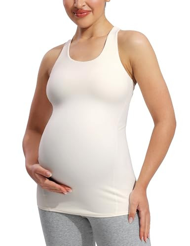 POSHDIVAH Women's Maternity Tank Tops with Built in Bra Padded Sleeveless Pregnancy Yoga Tee Workout Shirt Clothes, White Large | Amazon (US)