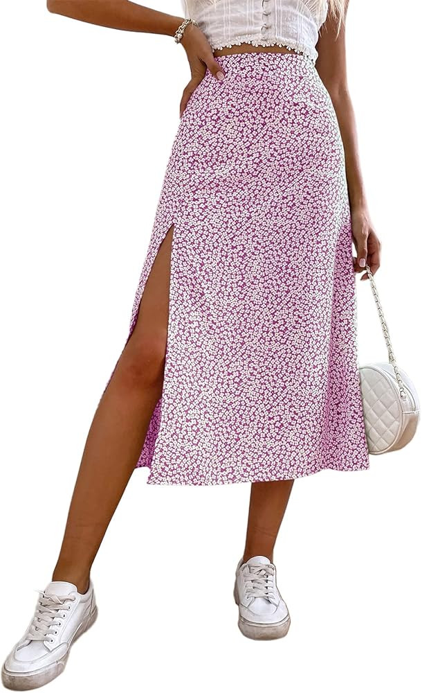 Avanova Women Boho Floral Slit Slip Midi Skirt High Waist Summer A Line Skirt | Amazon (US)