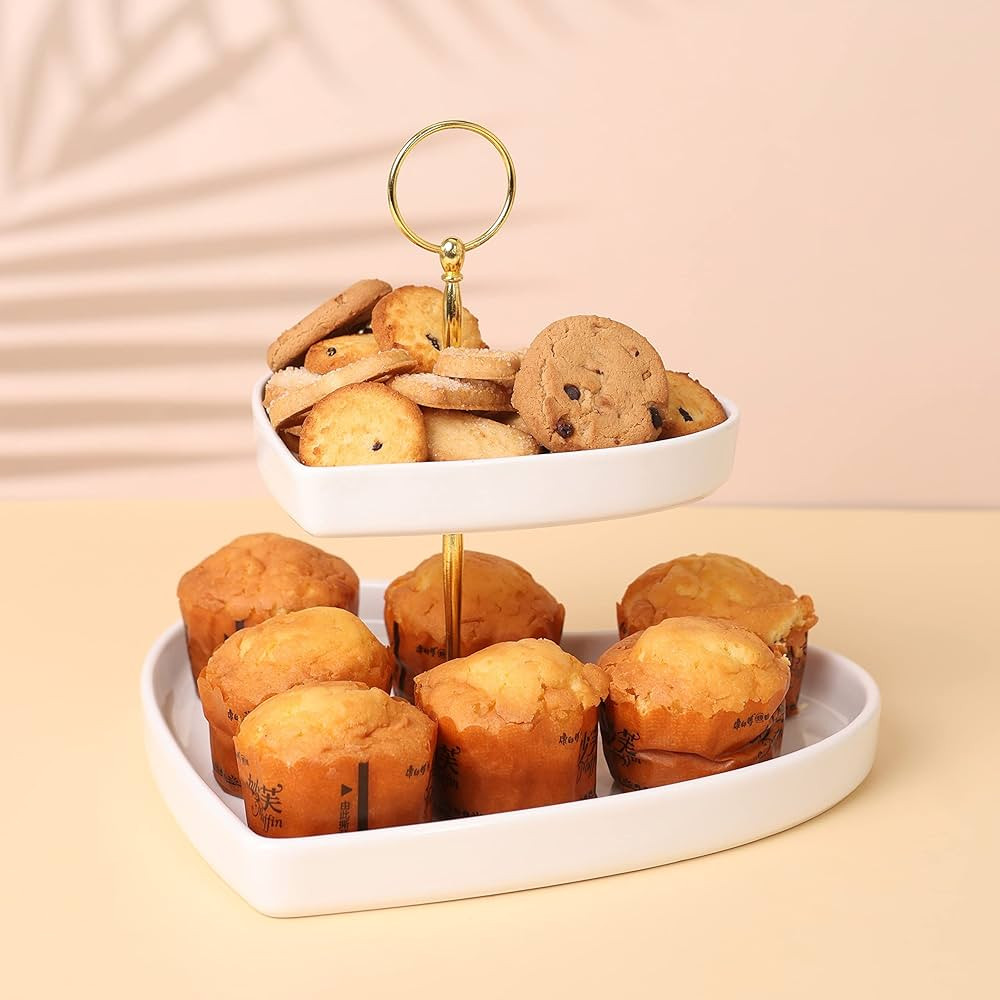 Tiered Tray with Porcelain Heart-Shped Platter and Golden Metal Handle, Tiered Serving Tray as Ho... | Amazon (US)