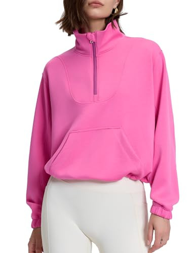 PrettyGuide Womens Sweatshirts Half Zip Cropped Pullover Quarter Zipper Scuba Sweatshirts Hot Pink S | Amazon (US)