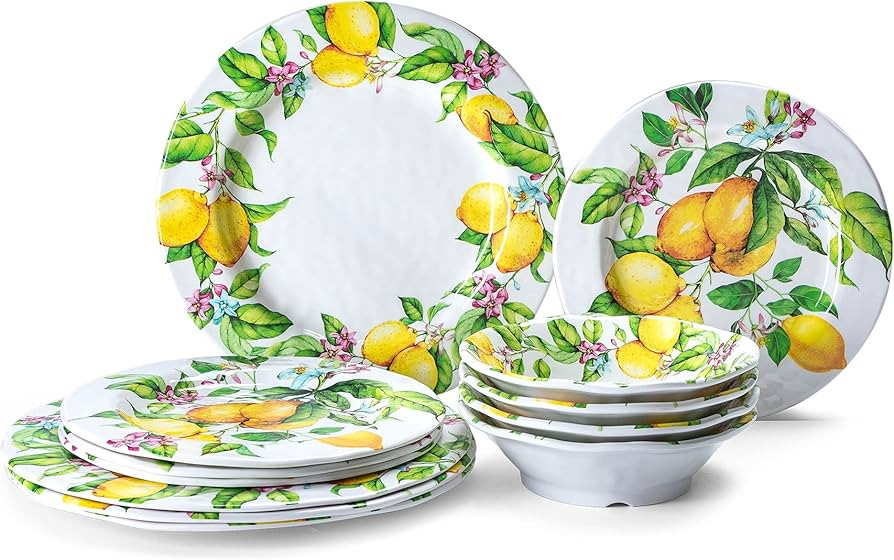 Lemon Melamine Dinnerware Dish Set – 12 Piece Indoor and Outdoor Plates and Bowls Set for Every... | Amazon (US)
