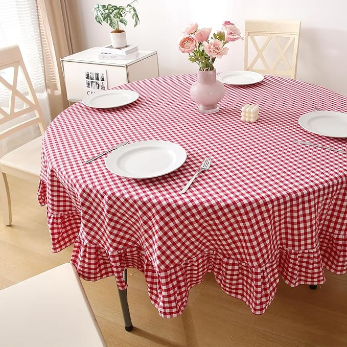100% Cotton Red Plaid Ruffled Table Cloth Round Cover, Dia.70 in Farmhouse Checker Gingham Vintag... | Amazon (US)