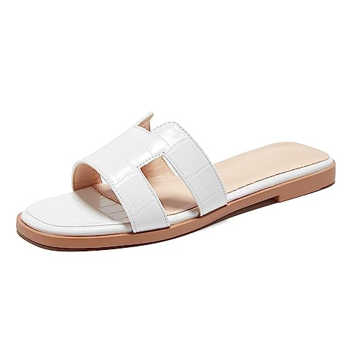 TRULAND H Strap Flat Slide Sandals for Women - Cute Fashion Open Square Toe Summer Dressy Sandals (8.5 US,White Croco) | Amazon (US)