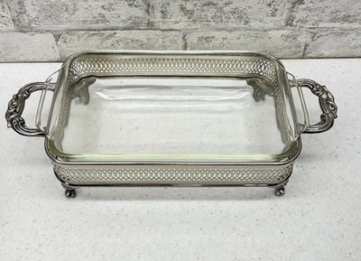 Vintage Fire King Glass Casserole Dish In Decorative Silver Plate Serving Tray | eBay US