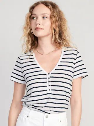 Striped Linen-Blend Cropped Henley for Women | Old Navy (US)
