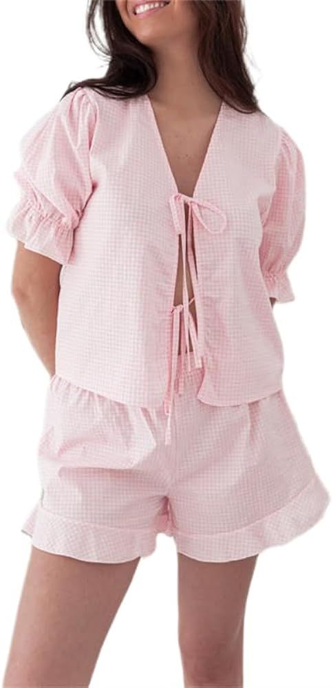 Thopavenoir Women 2 Piece Plaid Pajamas Sets Puff Short Sleeve Tie Front Babydoll Shirt +Wide Leg... | Amazon (US)