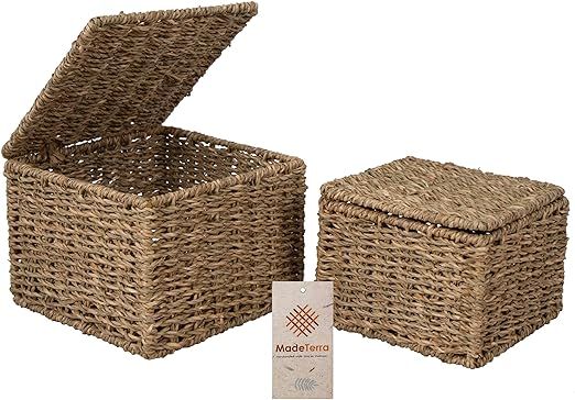 MadeTerra Small Nesting Wicker Cube Storage Boxes with Lids and Metal Steel Frame, Set of 2 Straw... | Amazon (US)