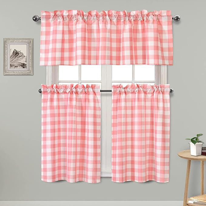 Hiasan 3 Piece Semi Sheer Plaid Kitchen Curtains Light Filtering Buffalo Checkered Tier and Valan... | Amazon (US)