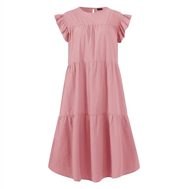 VONDA Women's Crew Neck Casual Short Sleeve Ruffle-Trim Summer Mini Dresses - Walmart.com | Walmart (US)