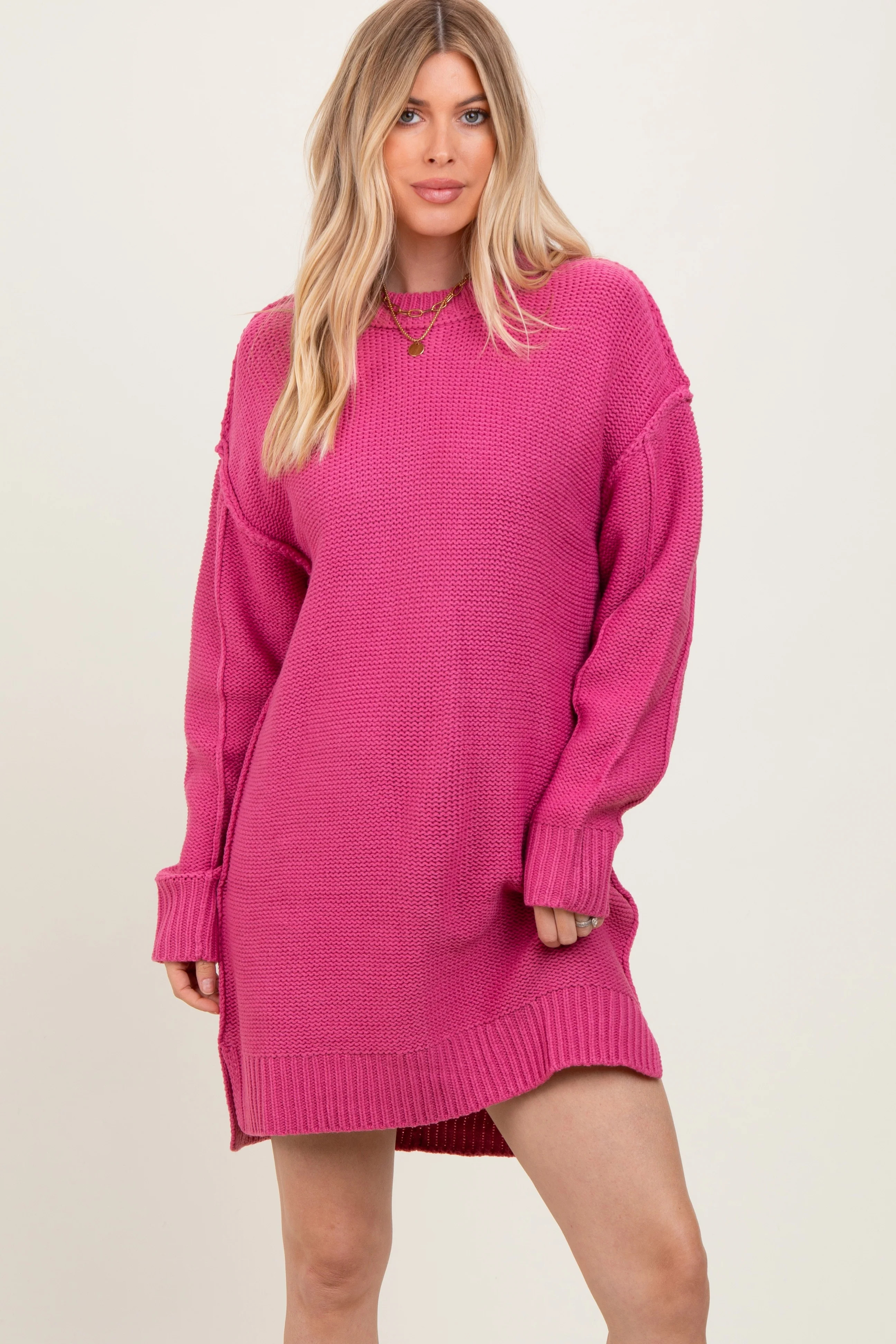 Dark Pink Exposed Seam Oversized Sweater Dress | PinkBlush Maternity