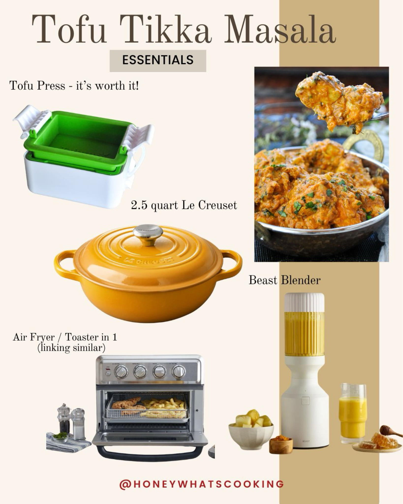 Tofu tikka masala essentials. The tofu press is a must have! Also linking similar airfryer toaster oven used by Cuisinart. Love my le creuset and beast blender. I also love this microblade grater to use for ginger and garlic (picture missing) - linked though  #kitchenn