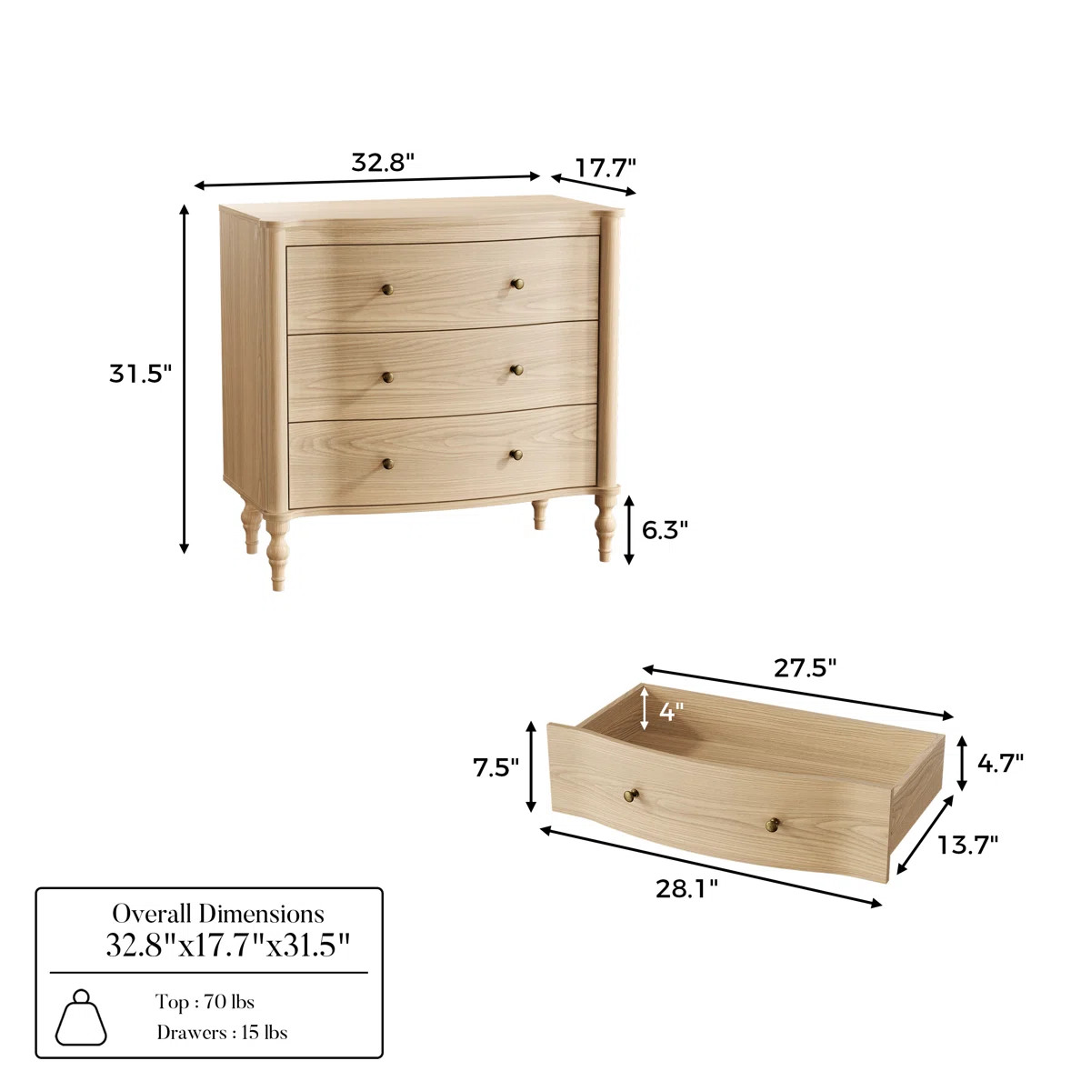 32.8'' W Vintage 3-Drawer Nightstand With Curved Front & Solid Wood Legs | Wayfair North America