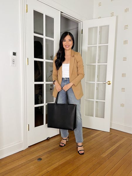 Tan blazer (XS)
White seamless tank (S)
High waisted straight jeans (S)
Black tote bag
Black mule heels (TTS)
Business casual outfit
Work outfit
Going out outfit
Date night outfit
Neutral outfit

#LTKworkwear #LTKSeasonal #LTKFind