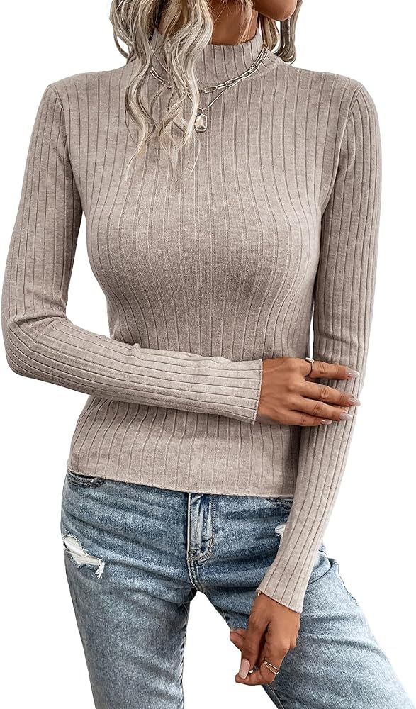 MakeMeChic Women's Solid Mock Neck Long Sleeve Slim Fit Knitted Sweater Tee Shirts Top | Amazon (US)
