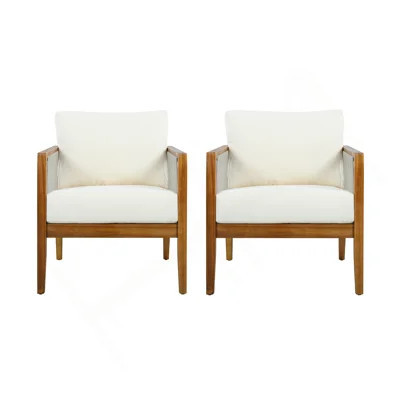 Outdoor Club Chairs (Set of 2), Acacia Wood Frame with Rope Back, Water-Repellent Beige Cushions for Patio/Backyard/Deck, Teak Finish | Wayfair North America