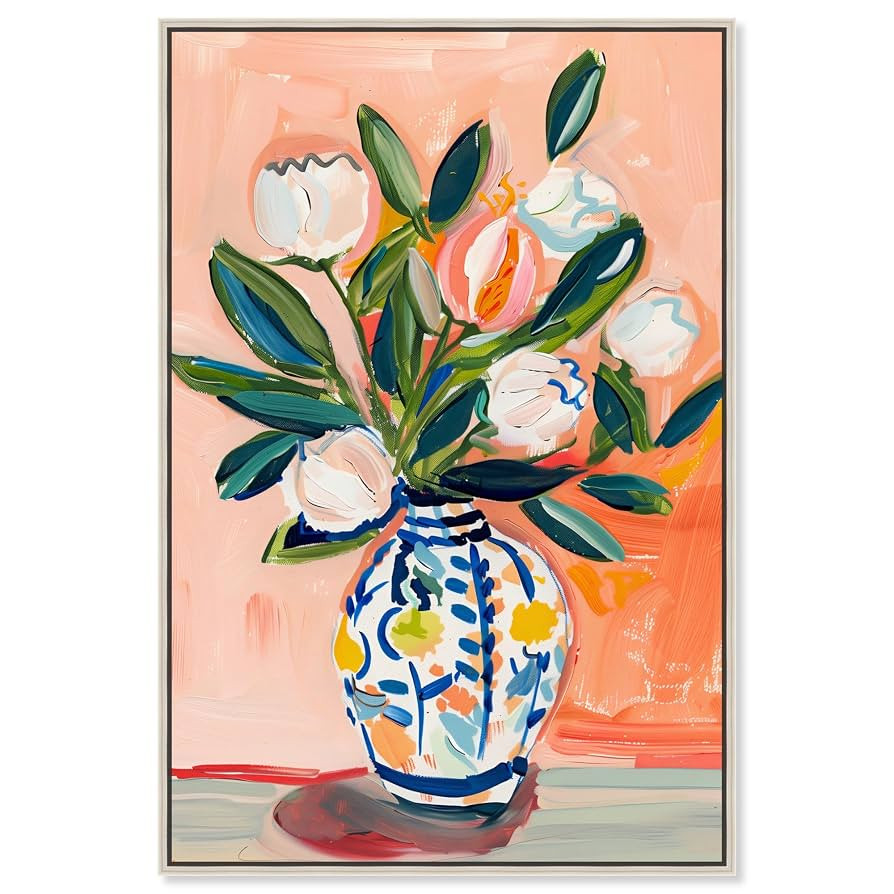 Flowers And Chinoiserie Canvas Boho Colorful Wall Art, Silver Frame, 16" x 24" | Amazon (US)