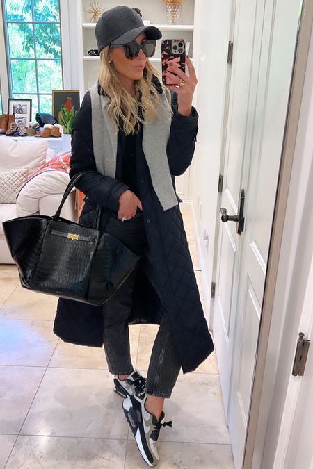 Cold weather sports mom outfit. Quilted jacket - runs tts. I took the small so I can layer under. 
The jeans run tts. I take the size 26. 
The best sneakers. They are men’s so size down 1.5 sizes. 
The best tote bag. Demellier tote. 

#LTKitbag #LTKfindsunder100 #LTKshoecrush