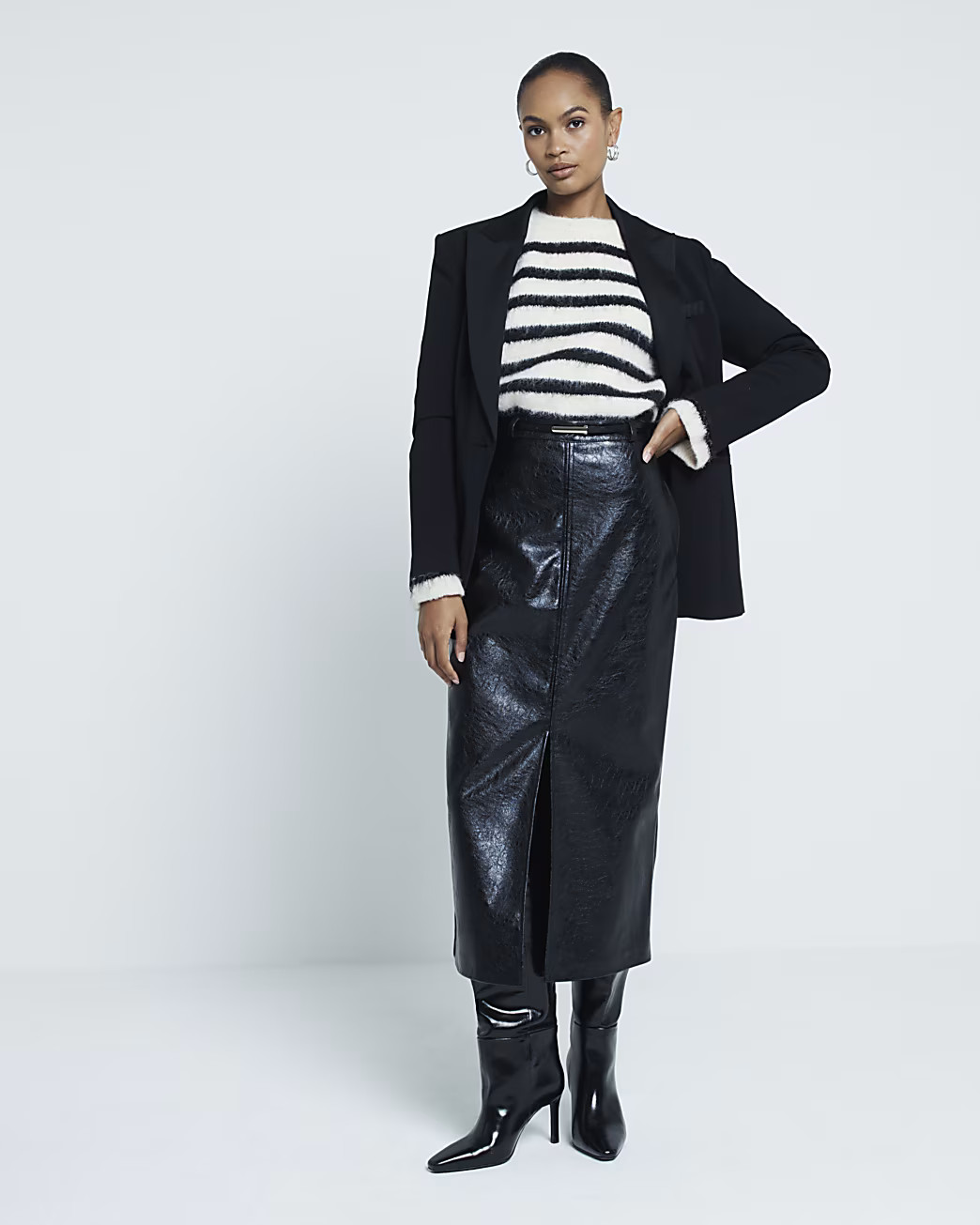 Black faux leather midi skirt | River Island UK & IE