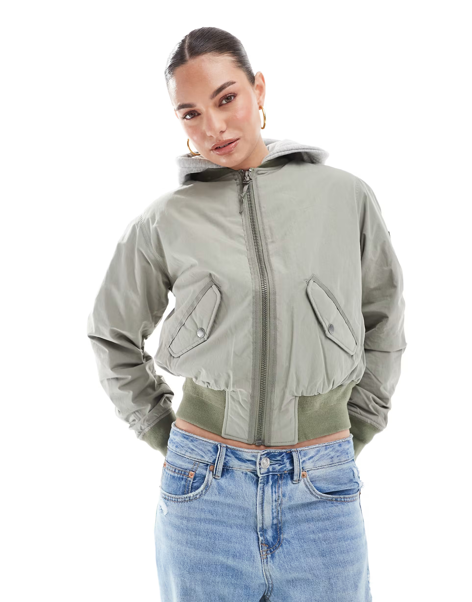 Superdry Hooded ma1 bomber jacket in light khaki green | ASOS (Global)
