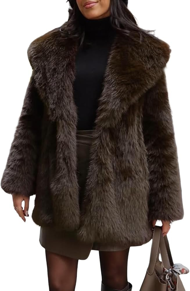 Wyeysyt Womens Faux Fur Coat Long Fluffy Shaggy Jacket Lapel Winter Furry Coats Fuzzy Outerwear | Amazon (US)