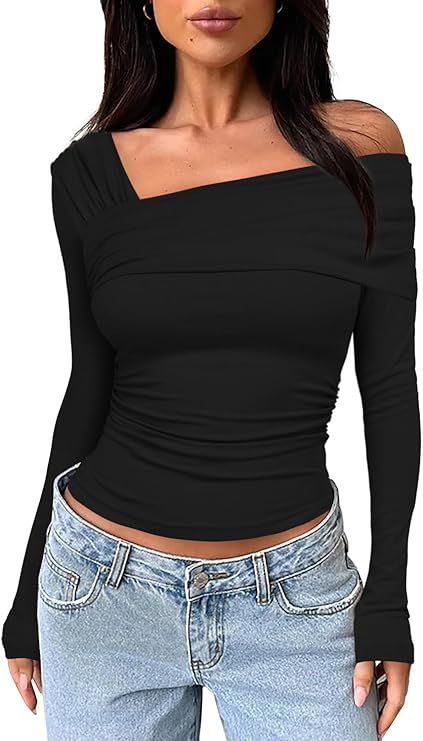 Darong Women's One Off Shoulder Long Sleeve Top Ruched Going Out Tops Slim Fit Y2K Shirt Crop Top | Amazon (US)