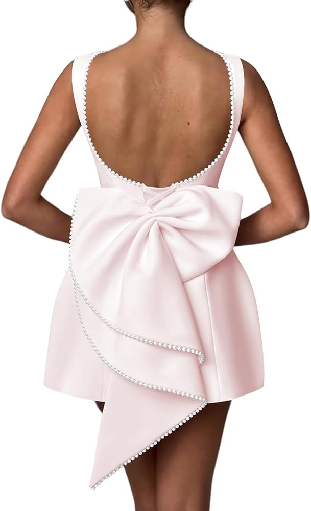 Mini Prom Dress Pearl Satin Evening Dress with Bow Backless Lace Up Back Bodycon Formal Party Gow... | Amazon (US)