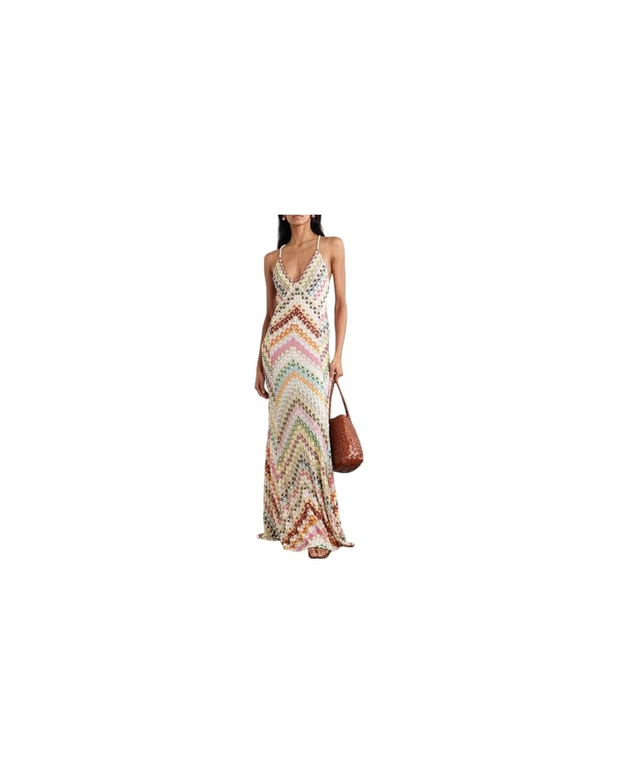 Plunging Neckline Dress V Neck Maxi Dress Colorful Chevron Print Backless Dress for Beach Vacatio... | Amazon (US)