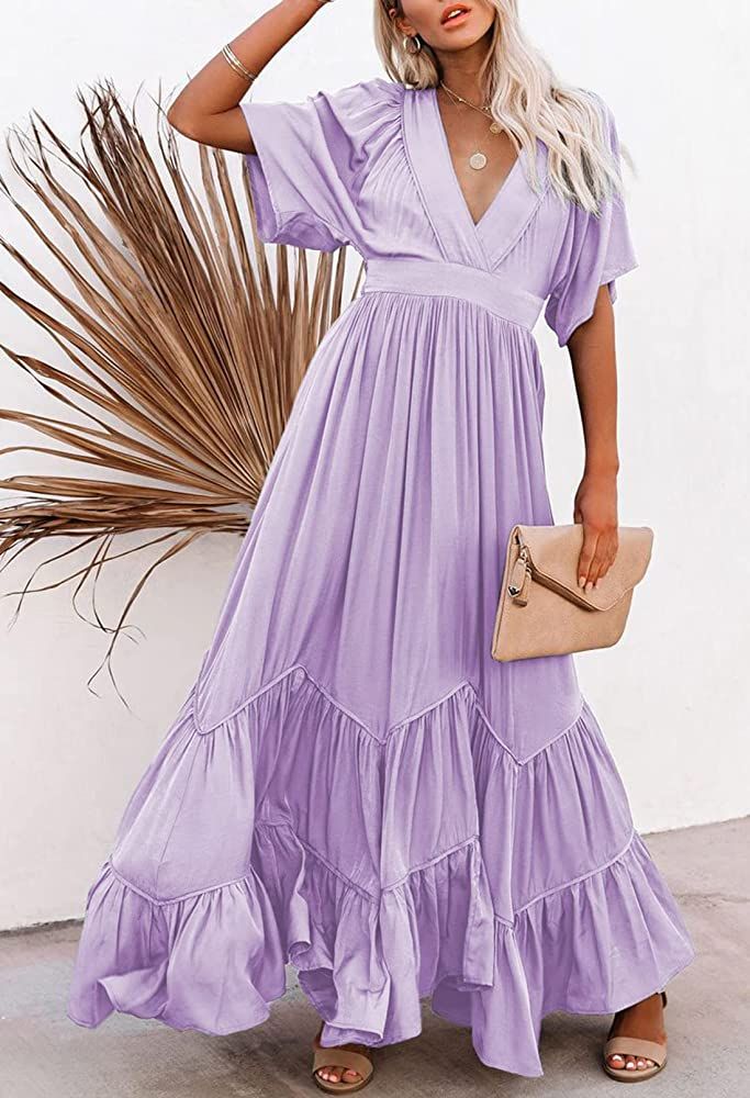 TOLENY Women's Summer Bohemian Dress V Neck Batwing Sleeve Swing Party Maxi Boho Dress | Amazon (US)