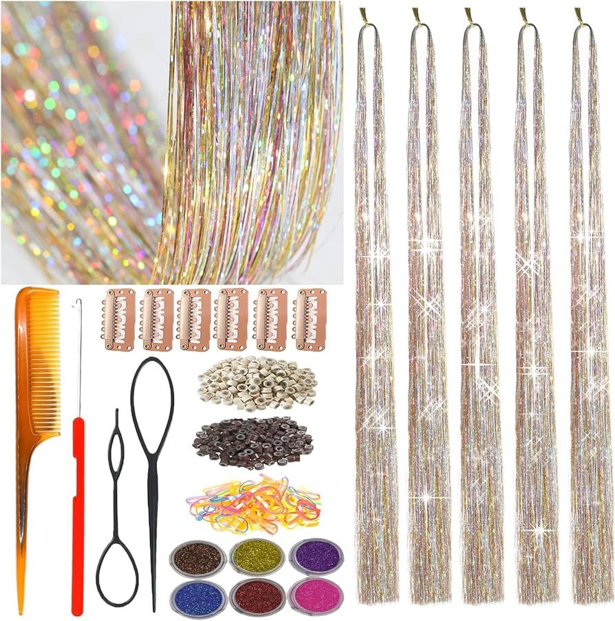 Hair Tinsel Kit with Tools Galaxy Glitter Tinsel Hair Extensions Heat Resistant Highlights Sparkl... | Amazon (US)
