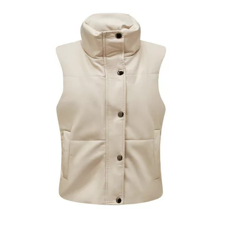 VBXOAE Leather Vest Women s Jacket Pocket Vest Coat Short Jacket Winter Sleeveless Faux Leather Coat | Walmart (US)