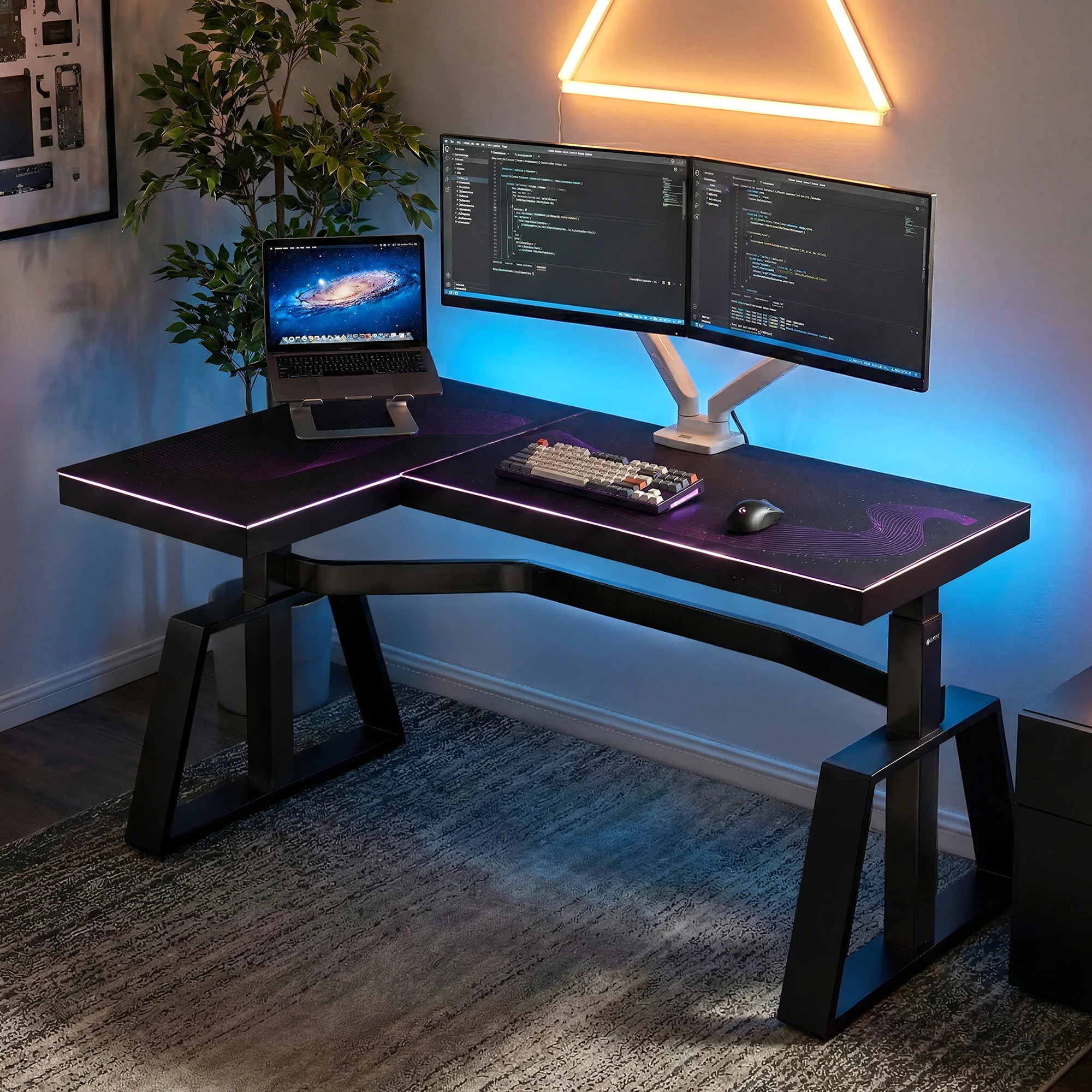 GTG-L60 Pro, L shaped Glass Gaming Standing Desk (60"x23") - Black (Starlight Wave) / Left | Eureka Ergonomic