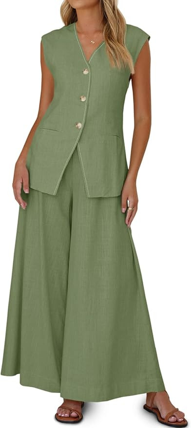 Cicy Bell Womens Summer 2 Piece Outfits Button Front V Neck Vest and High Waisted Wide Leg Pants ... | Amazon (US)