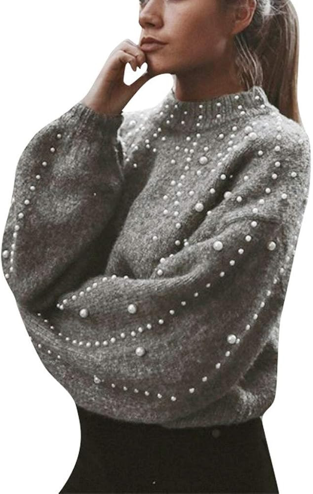 Women's Crewneck Sweater Casual Solid Pearl Knit Long Sleeve Cropped Tops Girls Trendy Pullover J... | Amazon (US)